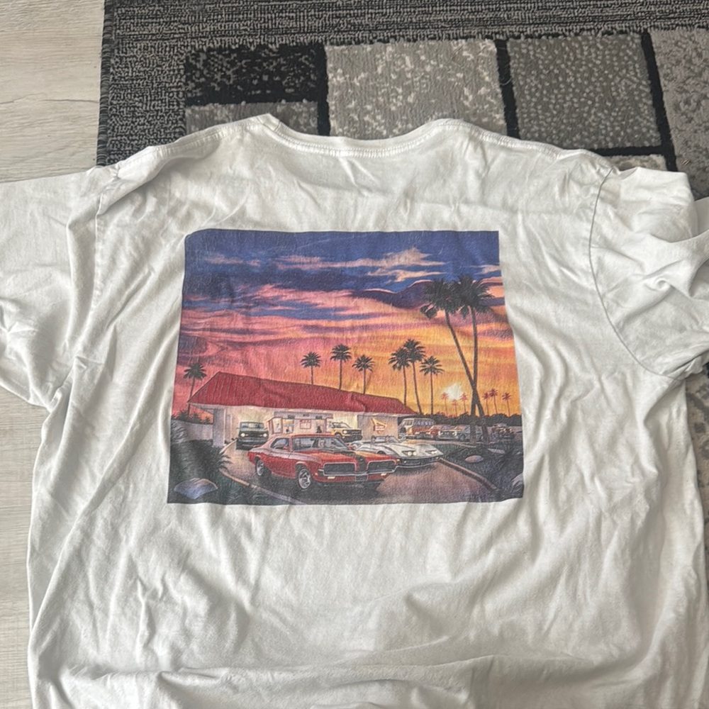 White IN & OUT T-Shirt with Sunset Car Graphic